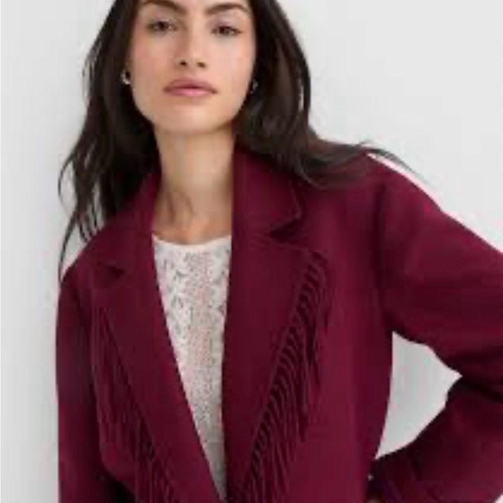 Ann Taylor Loft Wool Blend Burgundy Red FRINGE Blazer Jacket Medium